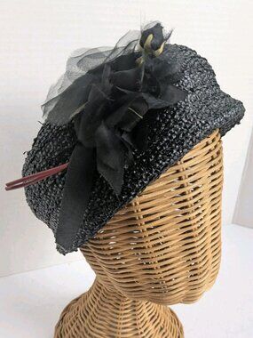 Vintage 1960s Miss Diane Designer Black Cocktail Pillbox Tilt Hat Floral Trim
